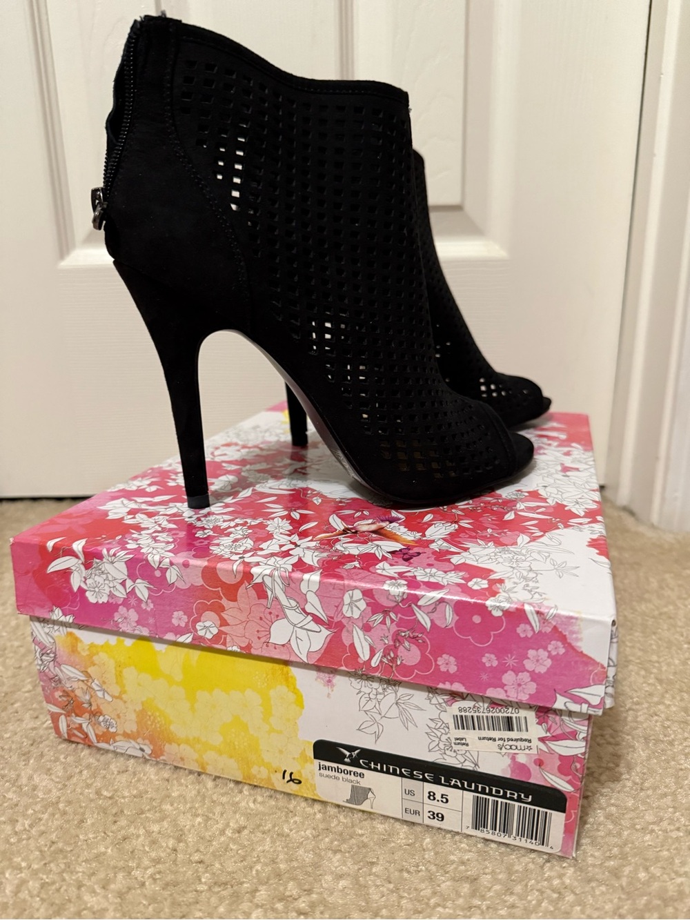Chinese Laundry Black Perforated Peep-Toe Stiletto Booties